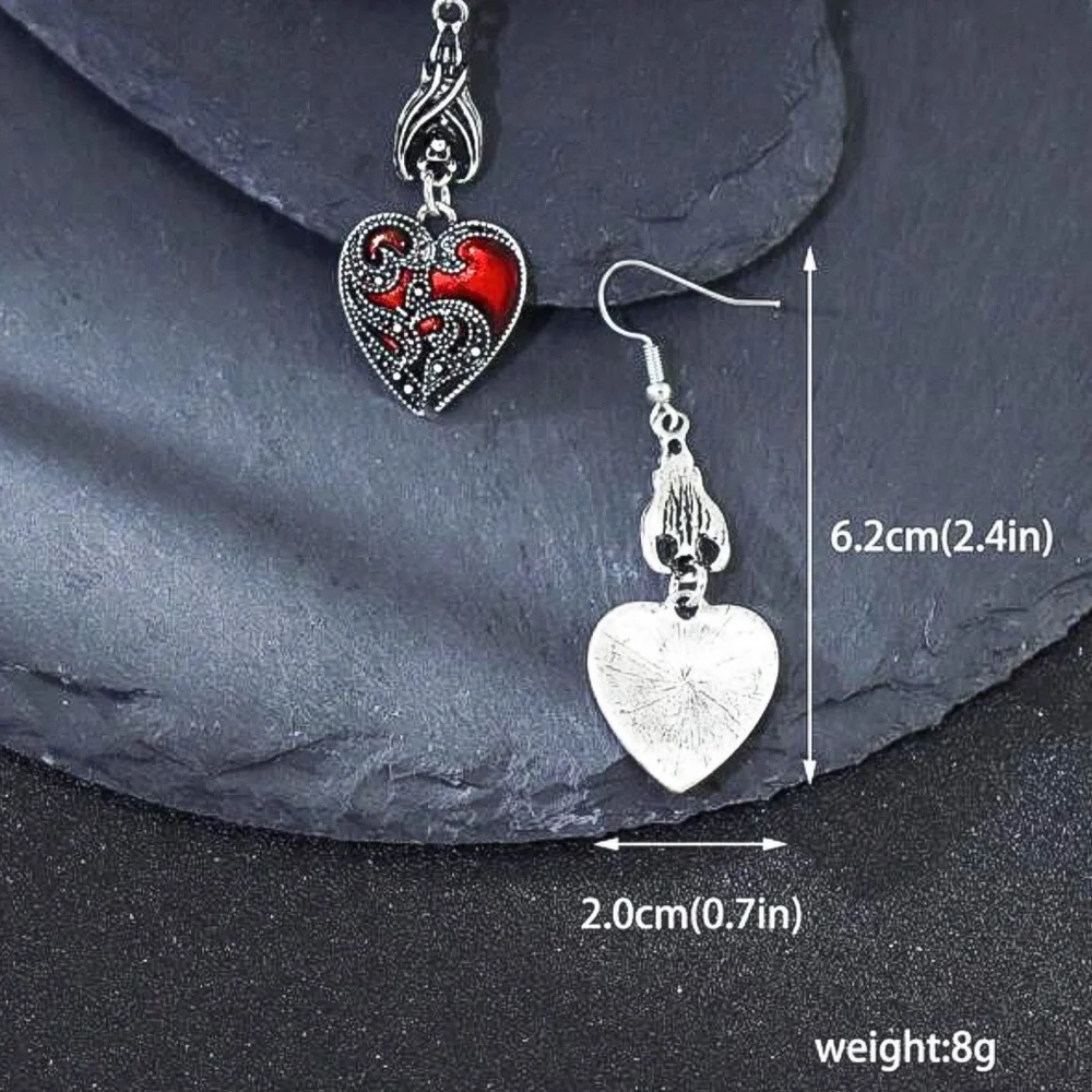 Antiqued Silver/Red Lacquer Heart Drop Earrings - Picture 6 of 7